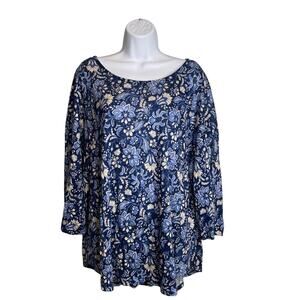Rachel Zoe Women's Blue Linen Floral Tunic Top Size 2X Fairy Cottagecore Boho